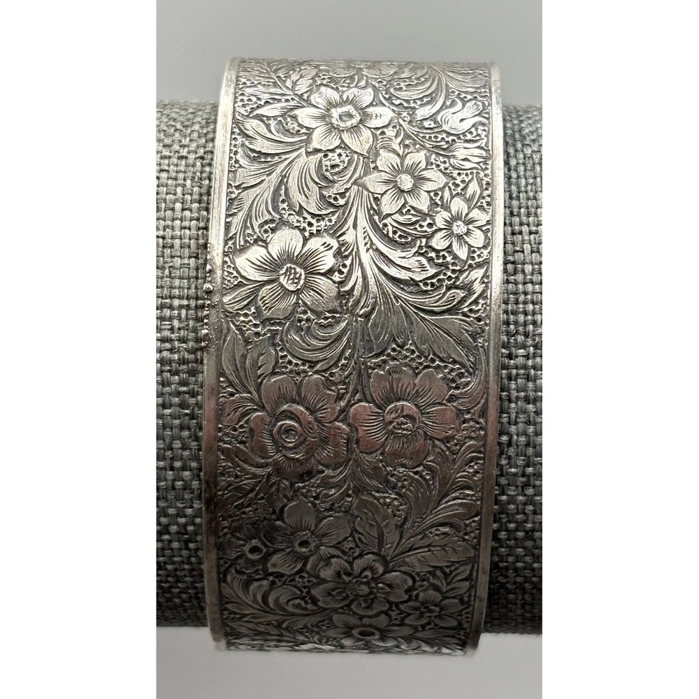 Vintage Silver Plated Victorian Repousse Floral Wide Cuff Bracelet "To Eda"